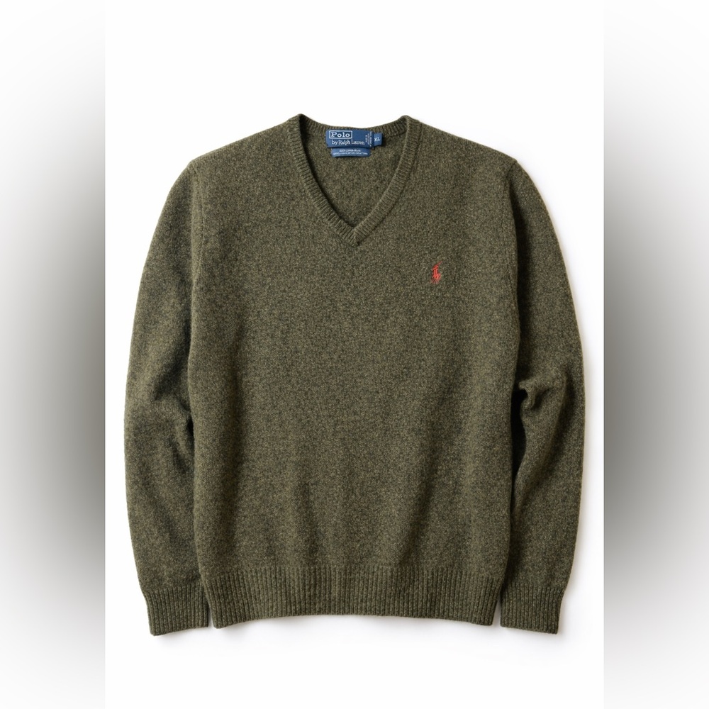 100% Lambswool Polo Ralph Lauren Men’s V-Neck Sweater Olive Green XL
